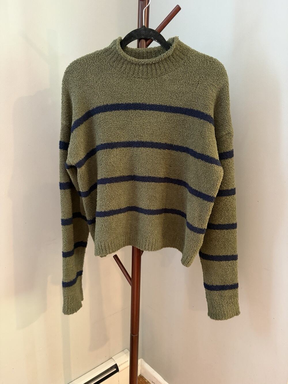 Altar’d State Green With Navy Blue Striped MOCK Neck Cozy Sweater